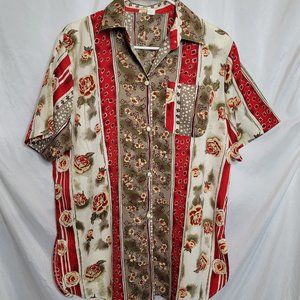 Vintage Button Front Shirt Roses Floral Red Poly Cotton Blend Money Design